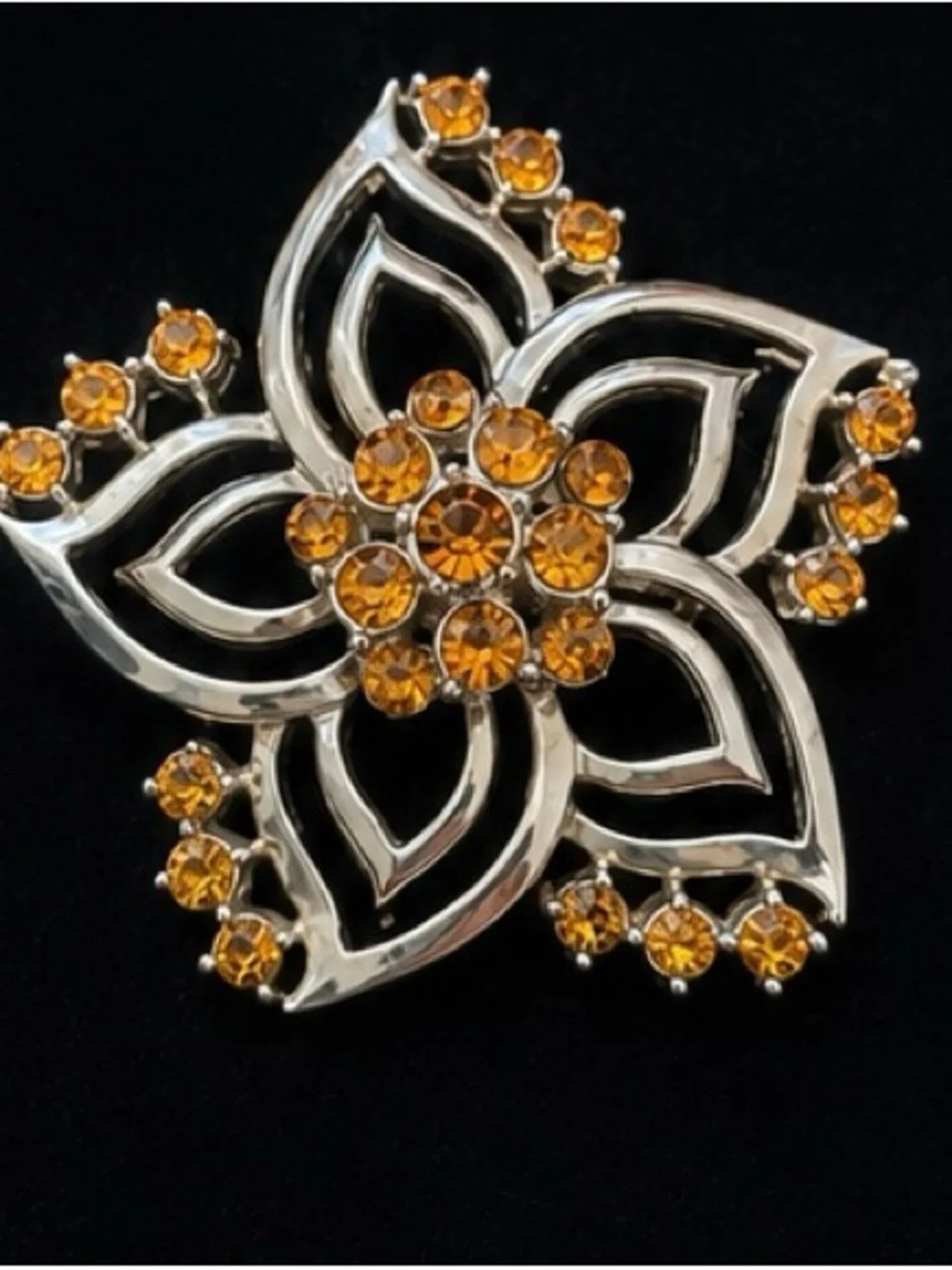 Vintage Cora Amber Rhinestone Floral Brooch | Silver Tone Openwork Pin | Signed